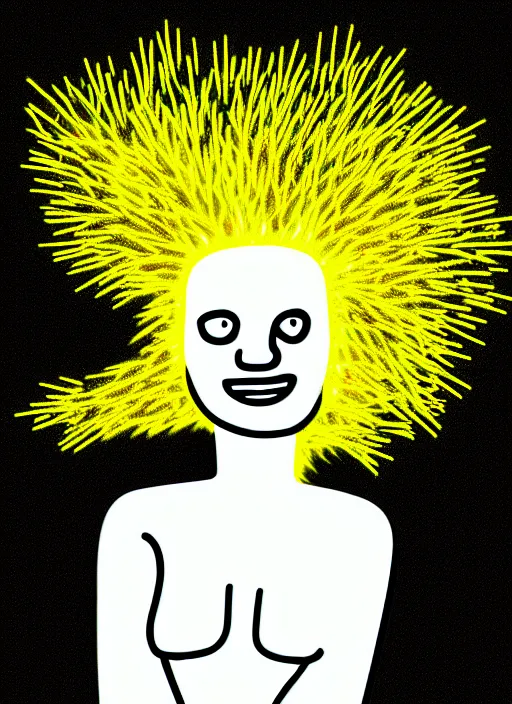 Prompt: highly detailed closeup portrait of wasteland wavy glowing yellow and white plasma hair cute happy tribal young lady, stray electric spark wiring by jean jullien, 4 k resolution, gradient yellow, black and white color scheme!!! ( ( dystopian city background ) )