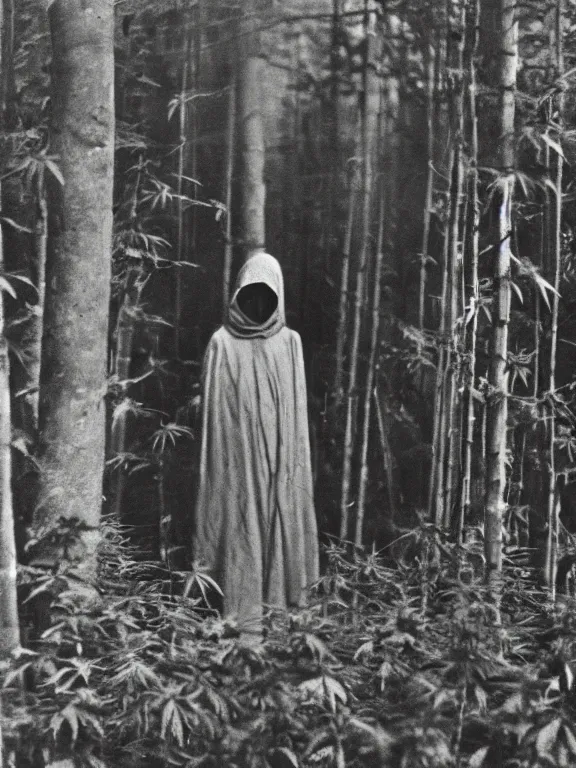 Prompt: hooded figure in cannabis forest, ww1 photo, grainy, high detail, high resolution,