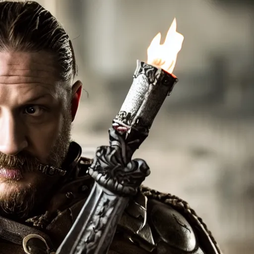 Image similar to A cinematic film still of Tom Hardy starring as Eddard Stark, he is holding a sword made of flame, portrait, 40mm lens, shallow depth of field, split lighting, cinematic