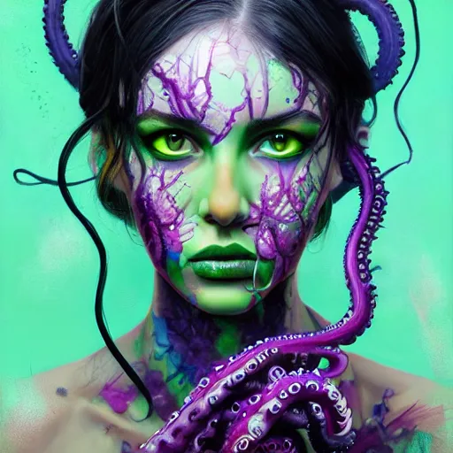 Image similar to art portrait of a furious girl with purple tentacles on her head and bright green eyes, 8k,by tristan eaton, Stanley Artgermm,Tom Bagshaw,Greg Rutkowski,Carne Griffiths,trending on DeviantArt, face enhance,hyper detailed ,full of colour,