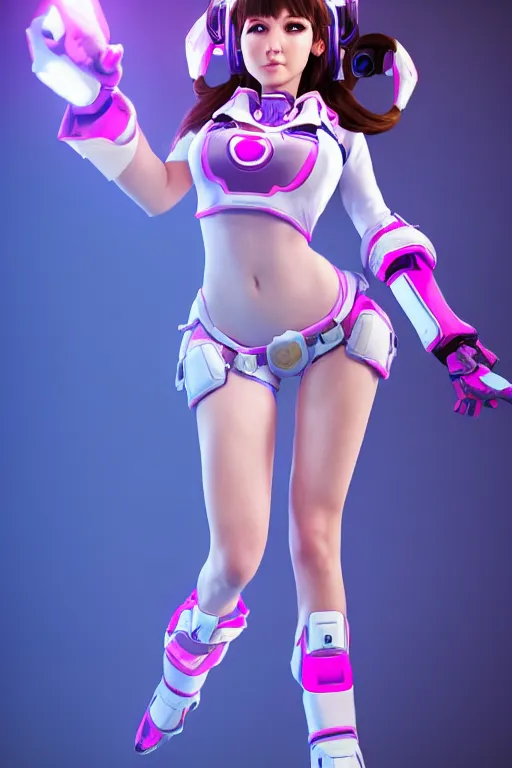 Image similar to D.va from League of Legends, photorealistic full body, studio lighting, white ambient background, highly detailed
