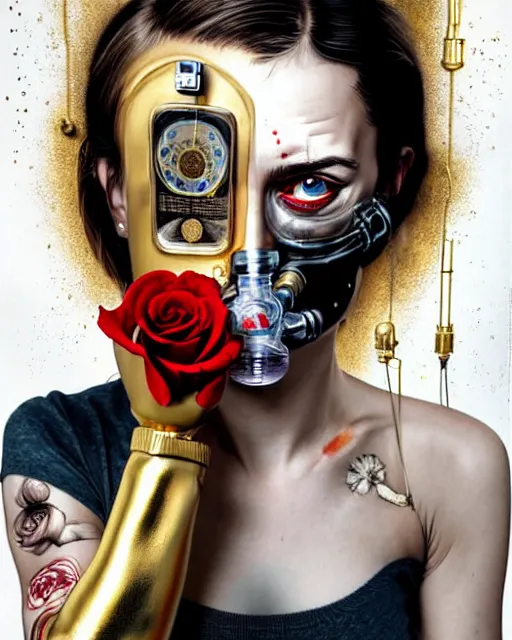 Prompt: portrait of a spy wearing oxygen mask, has gold, silver, starry, rose, a pistol and a syringe needle with sea background intricate details with horror side profile by Sandra Chevrier and bastien lecouffe deharme, intuitive