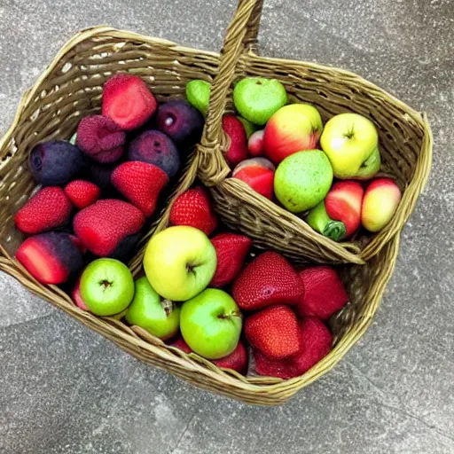 Prompt: 3 baskets filled with 3 different fruits, the left basket filled with strawberries, the middle basket filled with blueberries, the right basket filled with apples