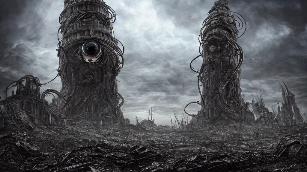 Image similar to A tower with an Eyeball at the top, BioMechanical like Giger, with tentacles coming out, looking over a stormy post-apocalyptic wasteland, dystopian art, wide lens