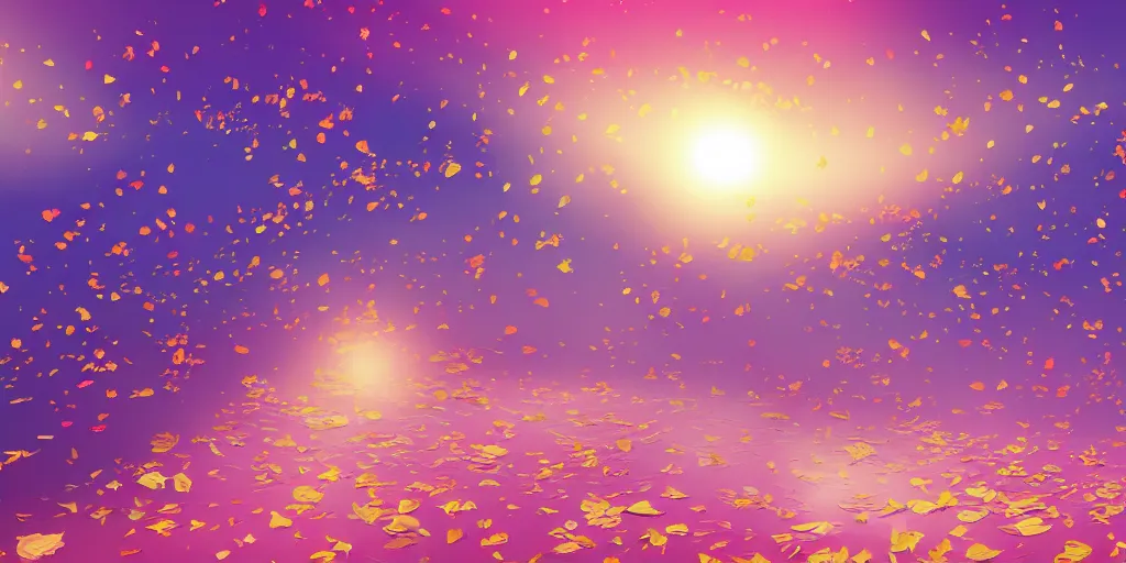 Image similar to background art of spaciously scattered flower petals flowing and flowing through the air from left to right on a simple sunset background, large individual rose petals, large triangles, polygonal fragments, anime, artgerm, manga, trending on artstation, art nouveau, mature color scheme