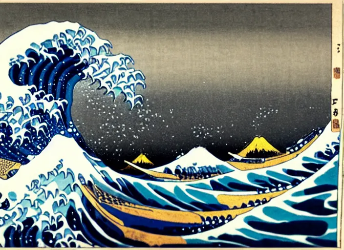 Image similar to the great wave off kanagawa is a woodblock print by the japanese ukiyo - e artist hokusai, probably made in late 1 8 3 1 during the edo period of japanese history. the print depicts three boats moving through a storm - tossed sea, with a large wave forming a spiral in the centre and mount fuji visible in the background