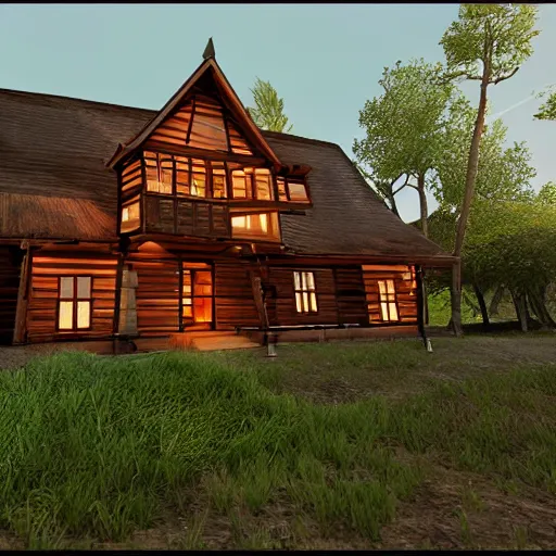 Image similar to wooden house, unreal engine