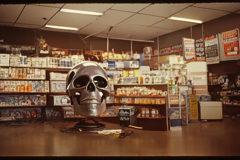 Image similar to large metallic skull attached to an infinitely long, giant, thick power cable, stoic and calm, inside of an unlit 1970s convenience store, ektachrome photograph, volumetric lighting, f8 aperture, cinematic Eastman 5384 film