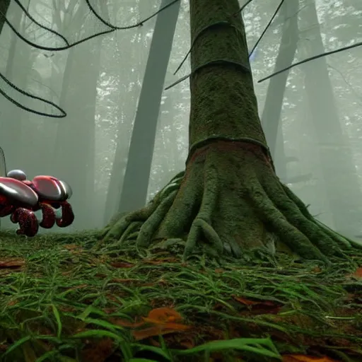 Prompt: a huge robotic spider in a rainy forest, award winning, unreal engine