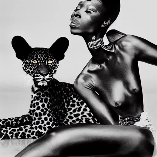 Image similar to a beautiful african lady and the black leopard, black and white, by richard avedon,