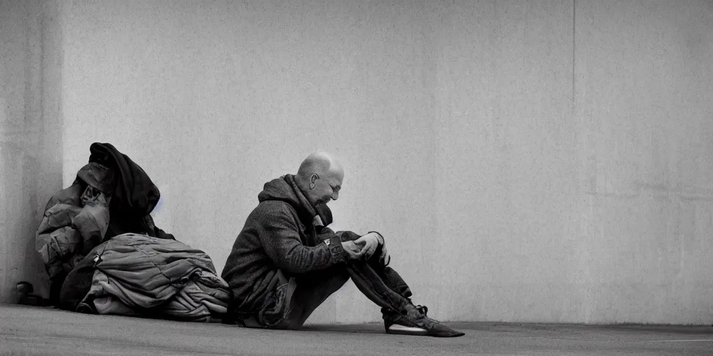 Image similar to homeless jeff bezos, focused shot, realistic, octane render