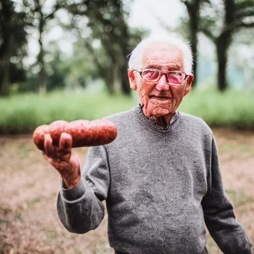 Image similar to An elderly man throwing a sausage, Canon EOS R3, f/1.4, ISO 200, 1/160s, 8K, RAW, unedited, symmetrical balance, in-frame