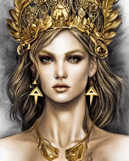 Prompt: front view of beautiful super model aphrodite greek goddess wearing a gold laurel wreath and triangle earrings, realism tattoo sketch, beautiful piercing eyes with sharp pupils, beautiful blonde hair, in the style of greg rutkowski, fantasy, amazing detail, epic, elegant, smooth, sharp focus