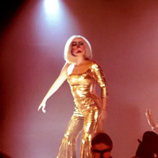 Image similar to Lady Gaga in the 70s disco dancing atmospheric lighting