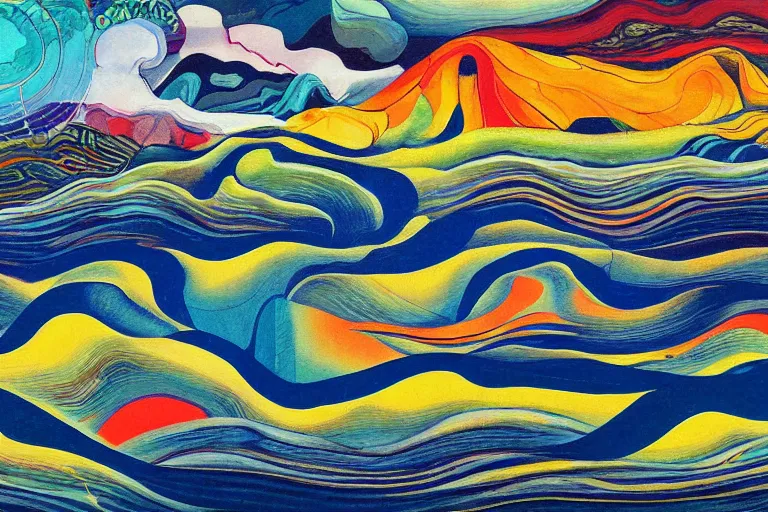 Image similar to A wild, insane, modernist landscape painting. Wild energy patterns rippling in all directions. Curves, organic, zig-zags. Mountains. Clouds. Rushing water. Waves. LSD. DMT