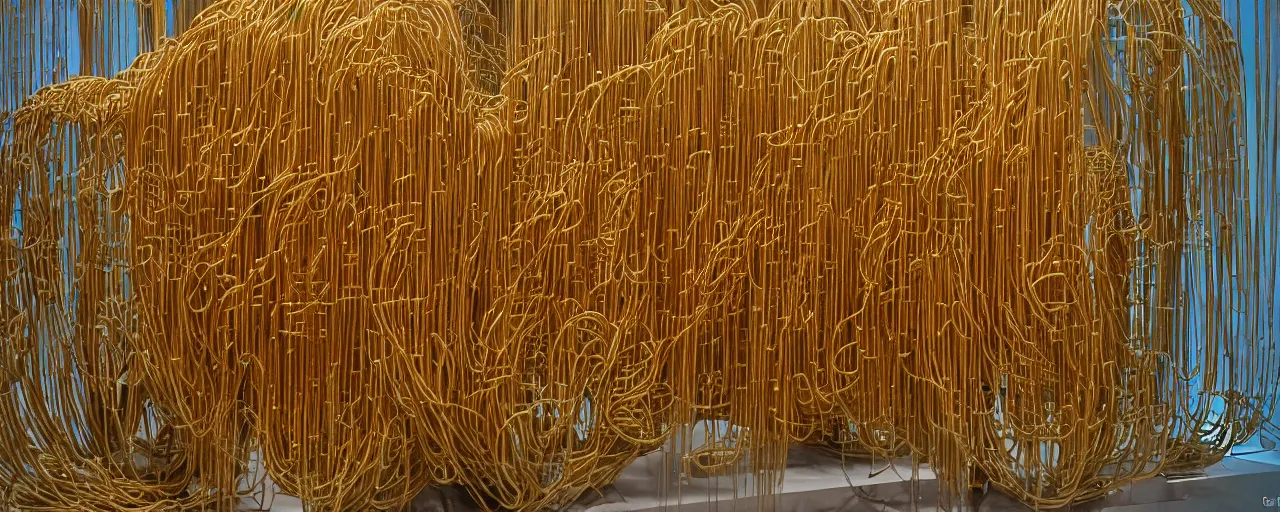 Prompt: famous sculpture made of spaghetti, at ny museum of modern art, in the style of damien hirst, kodachrome film, retro