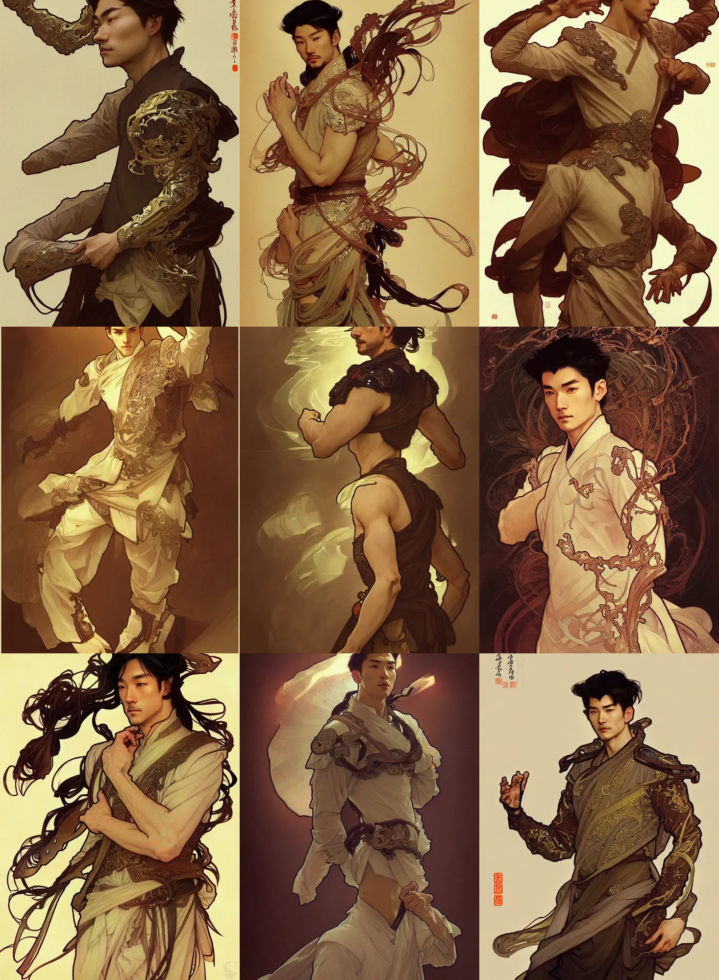 Prompt: a digital concept ar by artgerm and greg rutkowski and alphonse mucha. clear portrait of a lonely attractive men in uniform of tang dynasty!! tang dynasty book, light effect. hyper detailed, character concept, full body!! dynamic pose, glowing lights!! intricate, elegant, highly detailed, digital painting, artstation, concept art, smooth, sharp focus, illustration