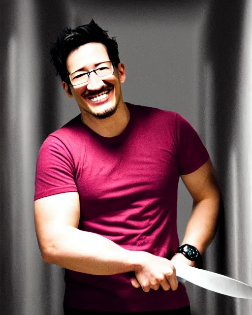 Prompt: markiplier holding a knife smiling in a dark hallway in a never ending warehouse | | epic - fine - clean, polished, trending on artstation, brush strokes