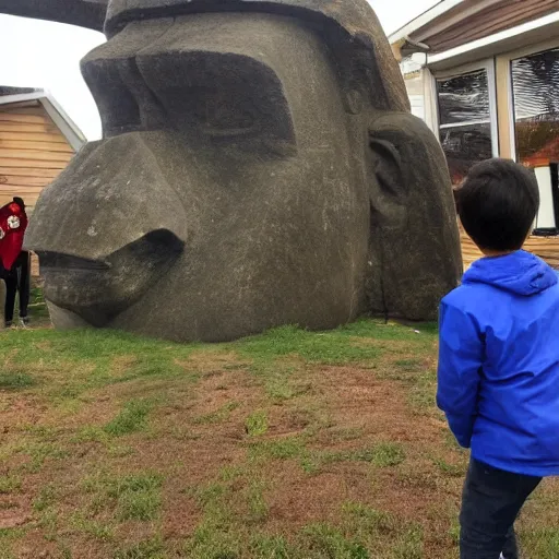 Prompt: a kid at christmas disappointed that his present was a giant moai statue