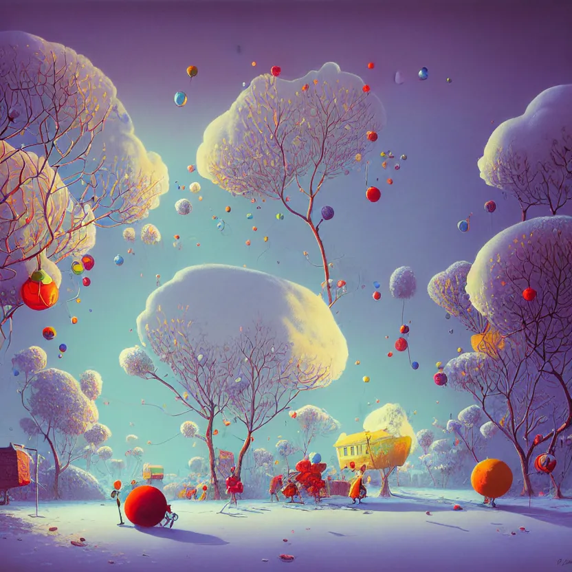 Image similar to snow ball, summer morning, very coherent and colorful high contrast, art by! gediminas pranckevicius! geof darrow, pastel color, volumetric lighting, cinematic, floralpunk screen printing woodblock, dark shadows, hard lighting, stippling art