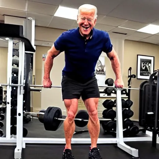 Prompt: joe biden being a bodybuilder doing weights, in the gym