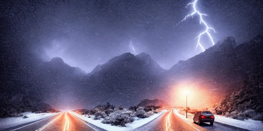 Image similar to snowy mountain road at night, lightning sky lit up with cosmic radiation, style of greg rutkowski, ominous creatures on the road, 8 k resolution, highly detailed illustration,