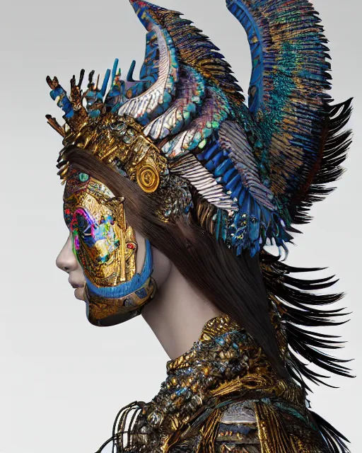 Image similar to 3 d warrior goddess close - up profile portrait. beautiful hyperrealistic intricate highly detailed chuu!! magpie helm and richly embroidered blouse, quetzalcoatl, bioluminescent, smolder, plasma, lava, ice, feather, windy, artwork by tooth wu and wlop and annie leibovitz, octane 3 d render