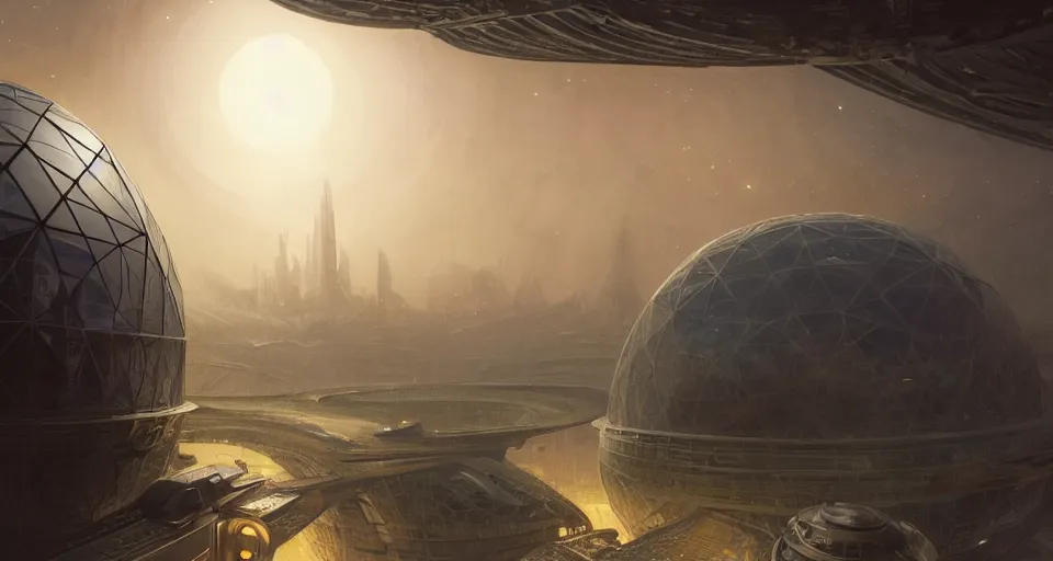 Image similar to cinematic shot, futuristic city on the moon inside a giant geodesic dome, utopian, night, stars, digital painting, artstation, concept art, smooth, sharp focus, illustration, intricate, elegant, highly detailed, in the style of greg rutkowski and alphonse mucha and artemisia, 8 k, highly detailed, jurgens, rutkowski