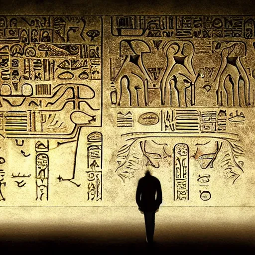 Image similar to realistic photography of a lovecraftian monster looking at hieroglyphs, eerie atmosphere, cinematic lighting, by ridley scott