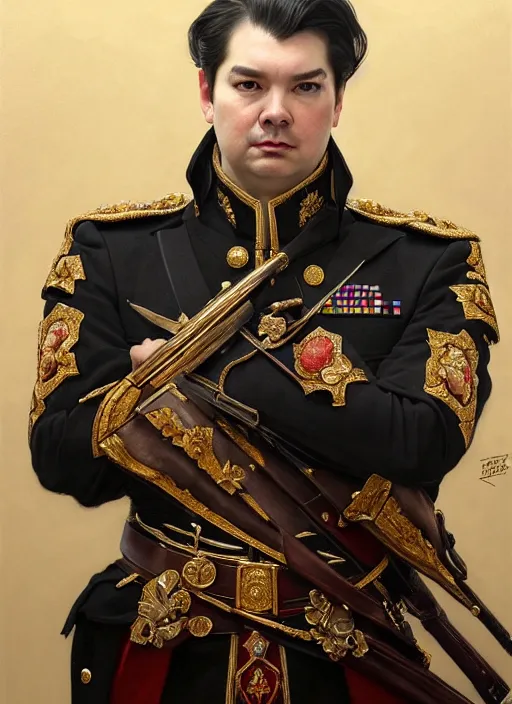 Image similar to portrait of supreme leader rich evans, royalty, extravagant, lord, full body, military uniform, fantasy, intricate, elegant, beautiful, highly detailed, charcoal, centered, dark, smokey, digital painting, artstation, concept art, art by artgerm and greg rutkowski and alphonse mucha