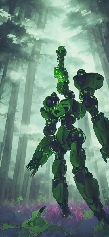 Image similar to giant humanoid plant mecha, forest, key art, sharp lines, towering above a small person, aesthetic, anime, trigger, shigeto koyama, hiroyuki imaishi