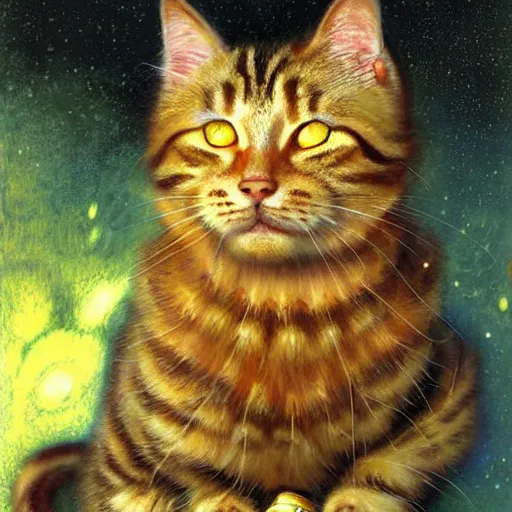 Image similar to a portrait of a humanoid fluffy tabby cat feline with green human eyes wearing a space suit. shadowrun cyberpunk fantasy highly detailed painting by gaston bussiere craig mullins jc leyendecker gustav klimt artgerm greg rutkowski john berkey, bergey, craig mullins, ruan jia, raymond swanland, jeremy mann, tom lovell, alex malveda