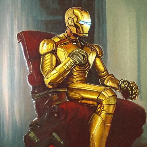 Prompt: detailed oil painting of old iron man sitting in an armchair in a room with the setting sun, by thomas kinkade, rembrandt, golden hour