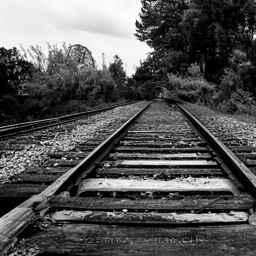 Image similar to fine art photography of a abandoned old train station in the middle of nowhere, overgrown, it train tracks curve up toward the sky, black and white photography 3 5 mm