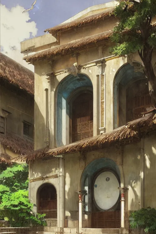 Image similar to the front of a spanish school, spanish architecture, tropical, by greg rutkowski makoto shinkai takashi takeuchi