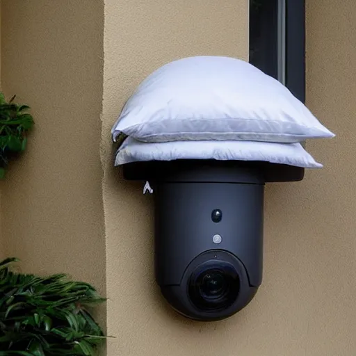 Image similar to Security camera photo a flying pillow, photo was taken in front of someone front door, realistic, low resolution, 720p x 480p.