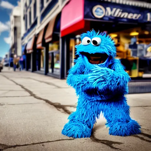 Prompt: Photo of the cookie monster commiting felony robbery, 24mm f/1.4, HDR