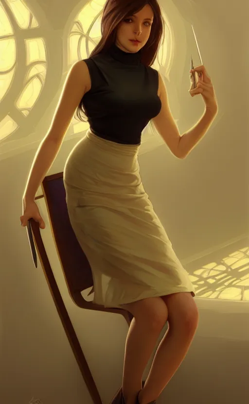 Image similar to portrait of a full body of beautiful young female secretary, d & d, sleeveless turtleneck, pencil skirt, fantasy, flat lighting, intricate, highly detailed, digital painting, artstation, concept art, smooth, sharp focus, illustration, art by simon bisley and greg rutkowski and alphonse mucha, natural tpose