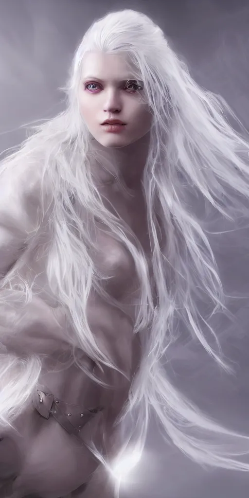 Prompt: divine white - haired female knight, beauty, dynamic lighting, close - up, high detail, photographs, realism, 3 d, cinematic lighting, post - processing, concept art, mary magni's style