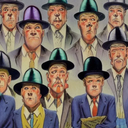 Image similar to A row of men in hats are standing, looking into the distance. the man in the centre is facing the front, looking downwards at his stomach by Frank Kelly Freas