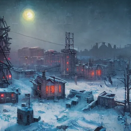 Image similar to a oil painting of brutalism old atom winter soviet town from frostpunk by Simon Stålenhag, in style of fractal landscape by Simon Stalenhag, atompunk, Sci-Fi, 8k, ultra detail, volumetric lighting, unreal engine, octane render, ultra realistic, max quality, epic 35 mm lens shot, photorealism