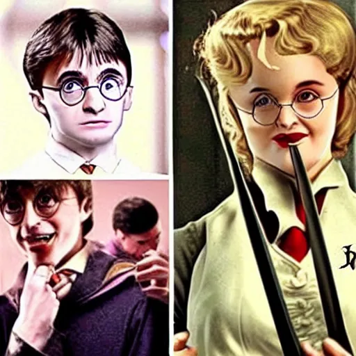 Image similar to a hard core meme featuring harry potter and marylin monroe