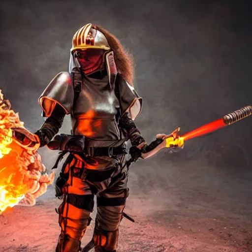 Prompt: photo of female warrior with jetpack and flamethrower