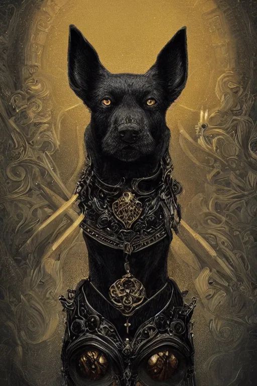 Prompt: portrait of a Black dog, in style of Dark Souls 3, insanely detailed and intricate, golden ratio, elegant, ornate, luxury, elite, ominous, haunting, matte painting, cinematic, cgsociety, James jean, Brian froud, ross tran, Laputa, vivid and vibrant