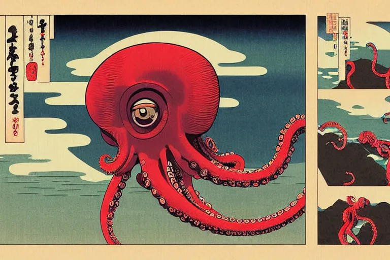 Image similar to half monkey half octopus creature, body of an octopus head of a monkey, photoillustration ink drawing acrylic art digital illustration oil on canvas photorealistic polished sci - fi ukiyo - e david rios ferreira filmic stock photo landscape polished photorealistic, by kawase hasui, moebius and edward hopper, vivid bright light, colorful flat surreal design, hd, 4 k, artstation