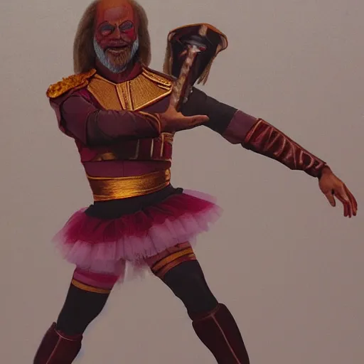 Prompt: a detailed matte painting of worf in a tutu dancing in a klingon opera, 4 k, super detailed, viewed in profile, in luminist and realist style