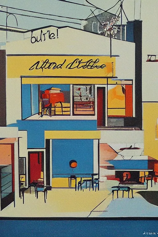 Prompt: mid century modern cafe by julia pinkham artist and bernard simunovic