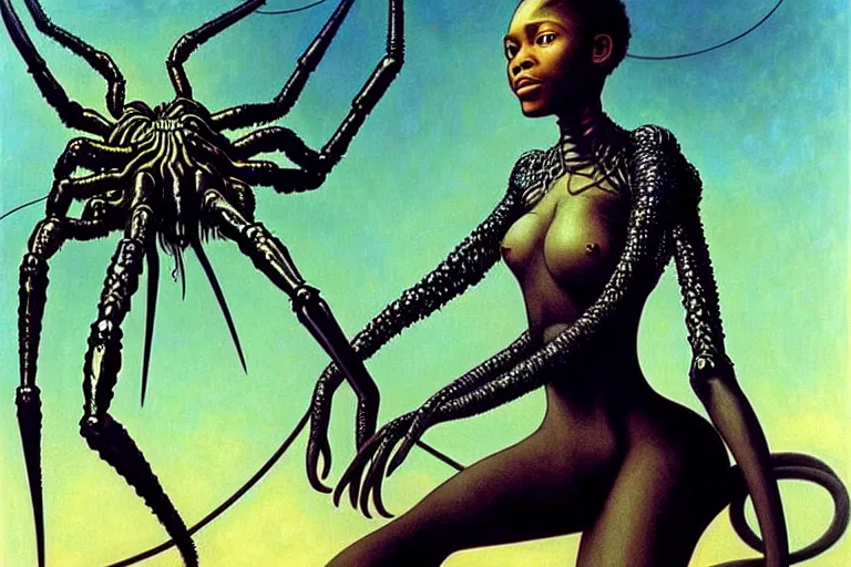 Image similar to realistic detailed portrait movie shot of a beautiful black woman riding a giant spider, dystopian city landscape background by denis villeneuve, amano, yves tanguy, alphonse mucha, max ernst, ernst haeckel, kehinde wiley, caravaggio, jean delville, david lynch, roger dean, cyber necklace, rich moody colours, sci fi patterns, dramatic, wide angle