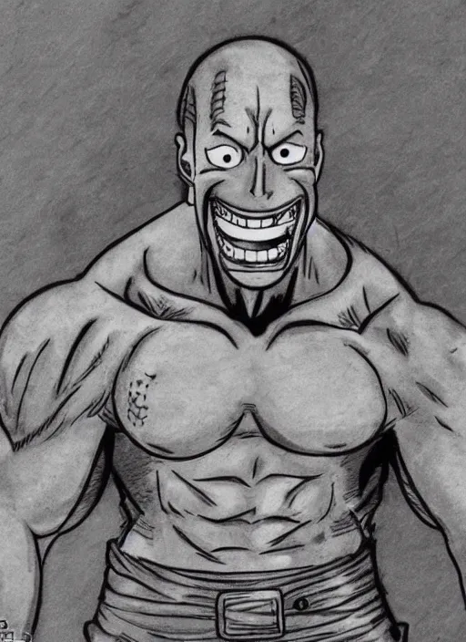 Image similar to dwayne johnson as character in one piece manga, sketch by eiichiro oda, amazing likeness. very detailed.