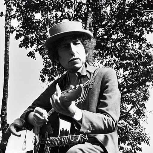 Prompt: bob dylan playing his guitar whilst sitting on a statue of king alfred, photograph